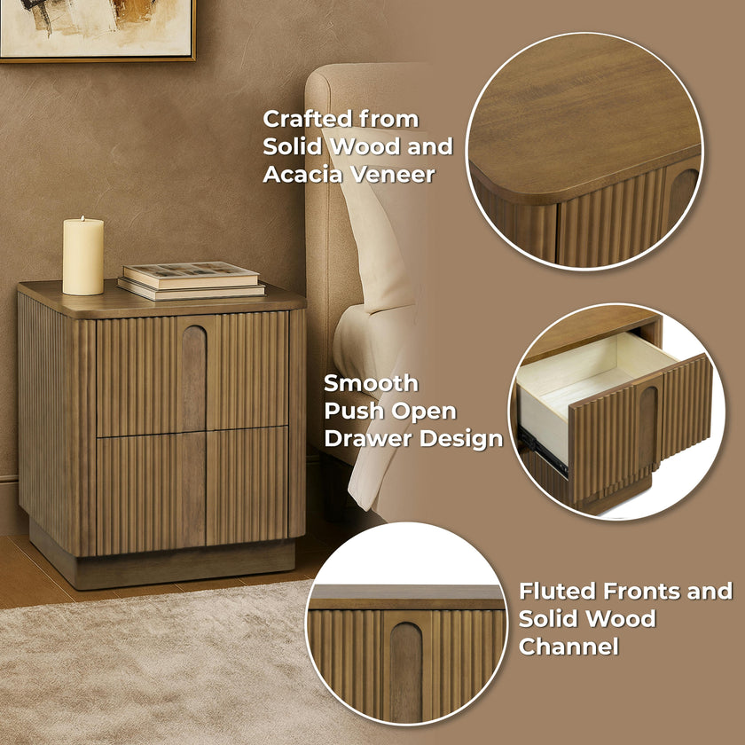 Potomac Reeding Pattern 2 Drawer Push to Open Nightstand Greige Wood Accent Storage