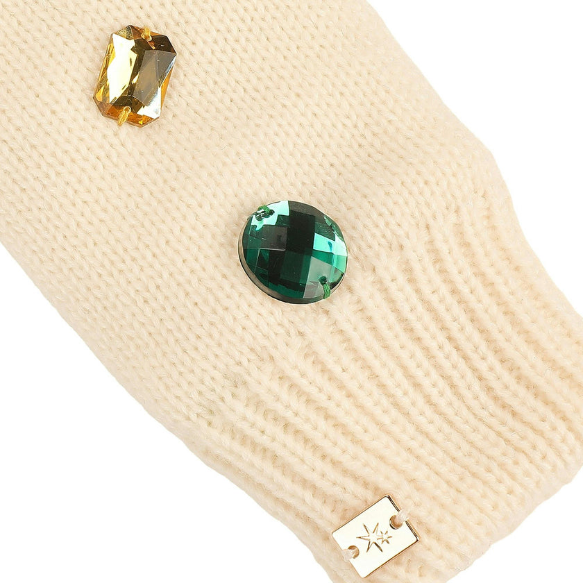 Packed Party White Gem Rhinestone Knit Beanie and Mittens Set - Double-Layer Rib Knit with Iridescent Gems and Rhinestone Mittens, One Size Fits All