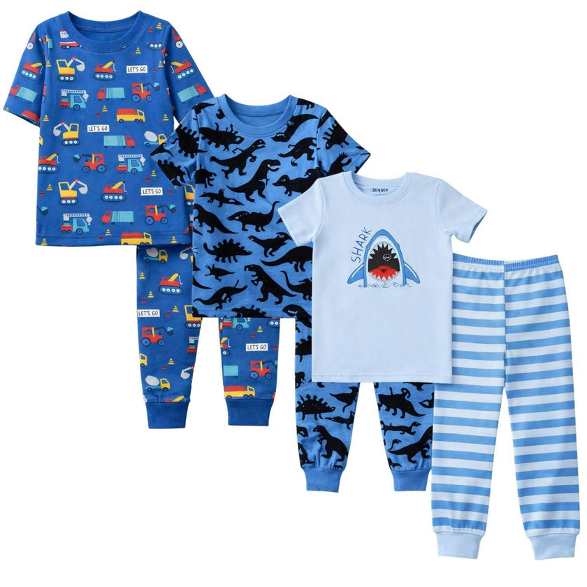 Kids and Toddlers 3 Pack Sharks/Cars/Dark Dinosaurs Shorts Sleeve Snug Fitted Pajamas