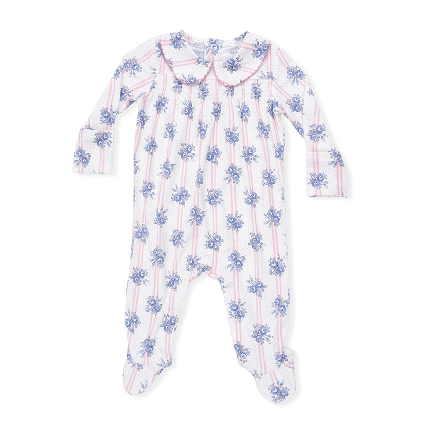 Stripe Dot Roses - Smocked Peter Pan Snap Footie