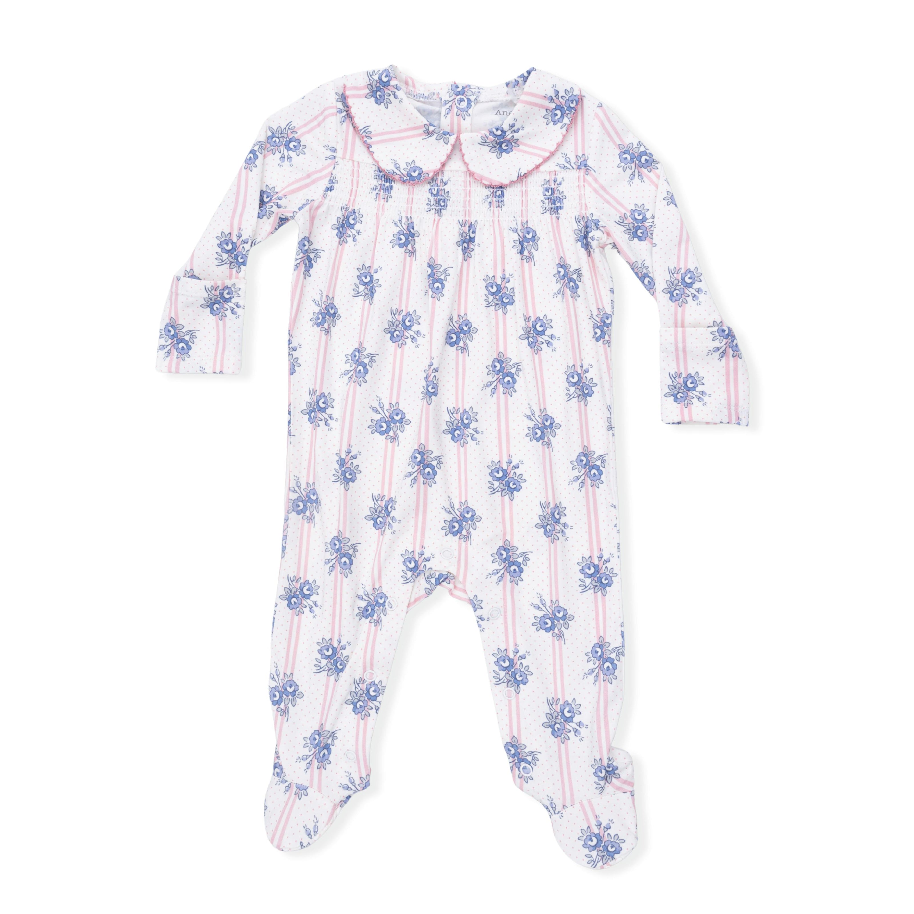 Stripe Dot Roses - Smocked Peter Pan Snap Footie