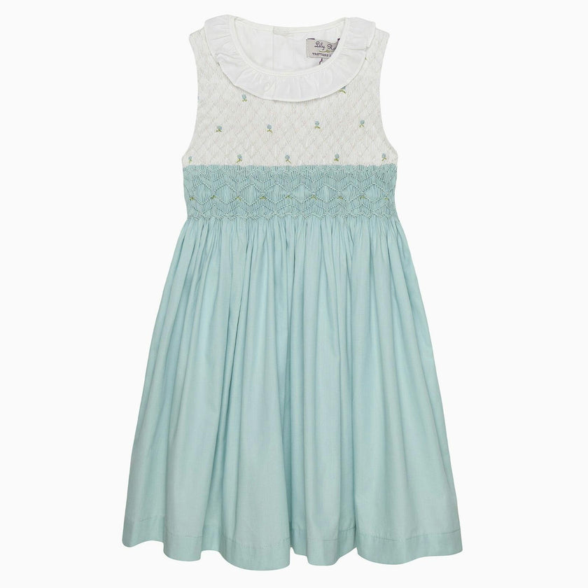 Sleeveless Willow Rose Hand Smocked Dress in Sea Blue