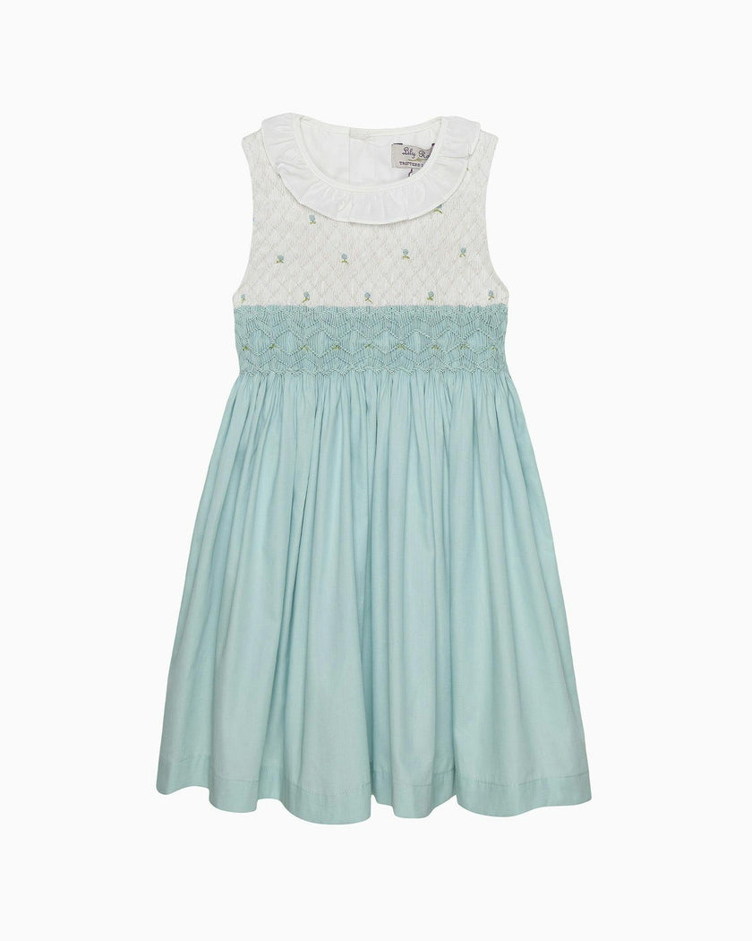 Sleeveless Willow Rose Hand Smocked Dress in Sea Blue