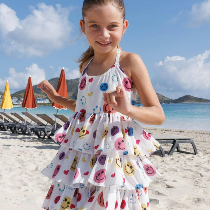 Happy Rainbow Smiley Sleeveless Ruffled Tire Dress