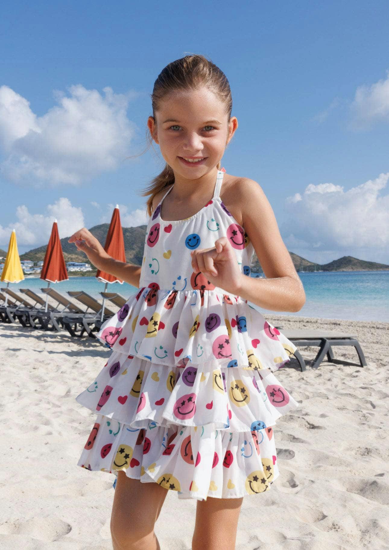 Happy Rainbow Smiley Sleeveless Ruffled Tire Dress
