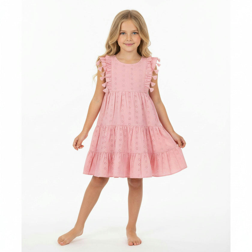 Sophie Girls Tassel Dress Blush Pink Eyelet, Pink