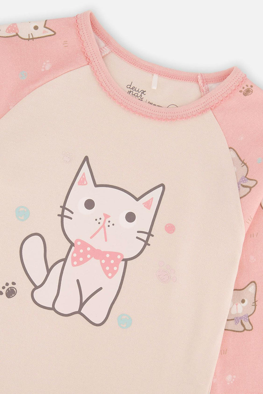 Organic Cotton Two Piece Pajama Set Pink Cat Print
