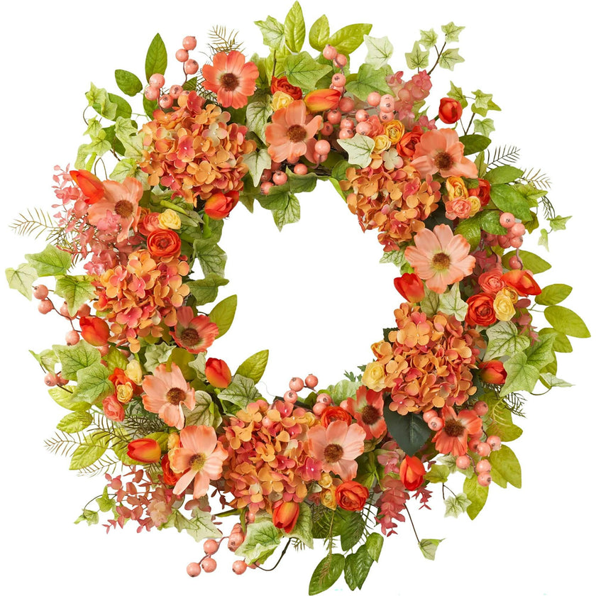 Real Touch Spring Ivy with Salmon Hydrangea Wreath, Orange