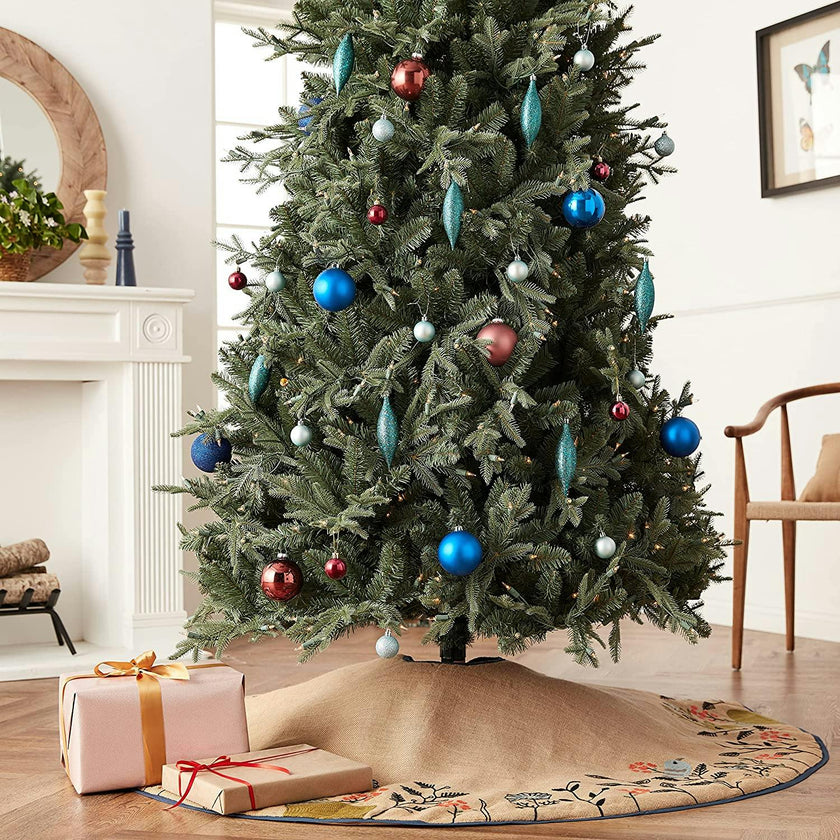 Handmade Embroidered Forest Scene Jute Christmas Tree Skirt Jute 60"