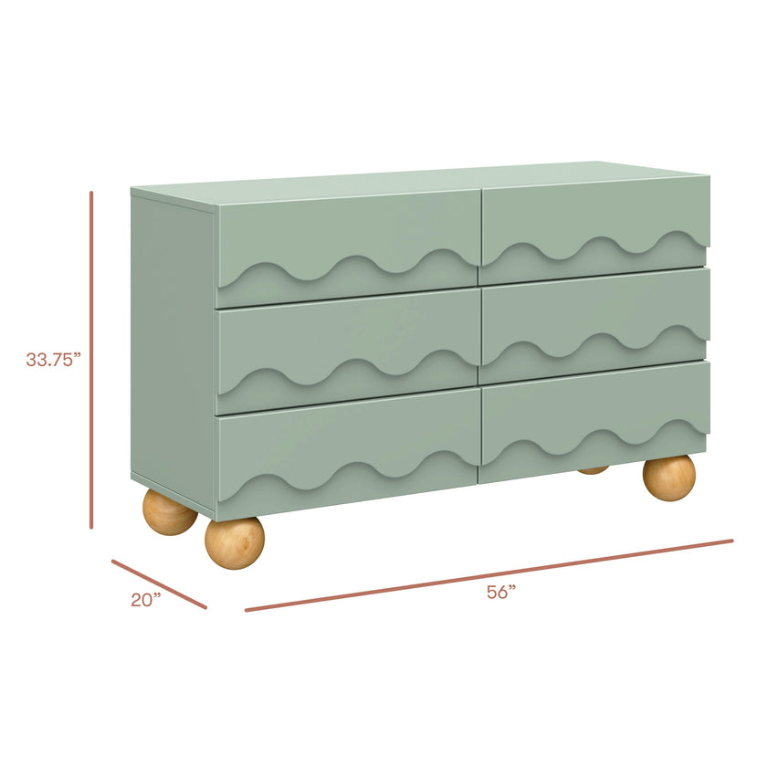 Lido Wave 6-Drawer Wide Assembled Dresser (56") in Light Sage/Honey