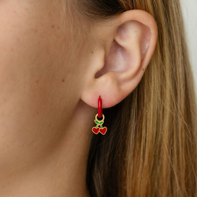 Cherries Charm + Red Enamel Hoop Set