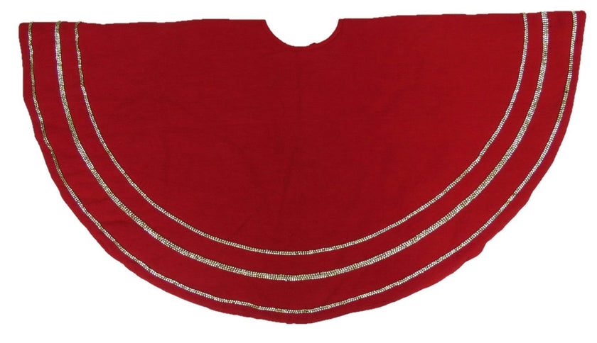 Handmade Concentric Nailhead Circles Red Linen Christmas Tree Skirt 60"