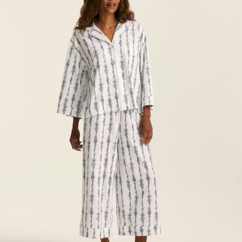 The Olivia Wide Leg Pima Pajama Set in Navy Mayfair Toile
