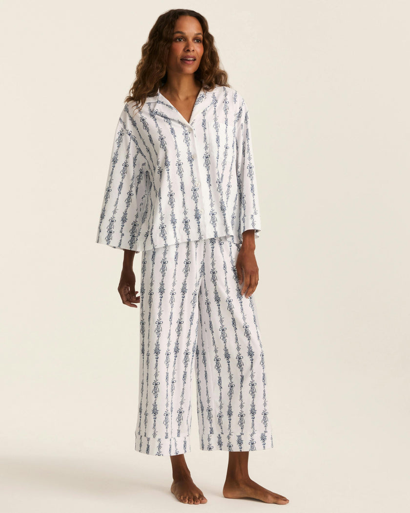 The Olivia Wide Leg Pima Pajama Set in Navy Mayfair Toile