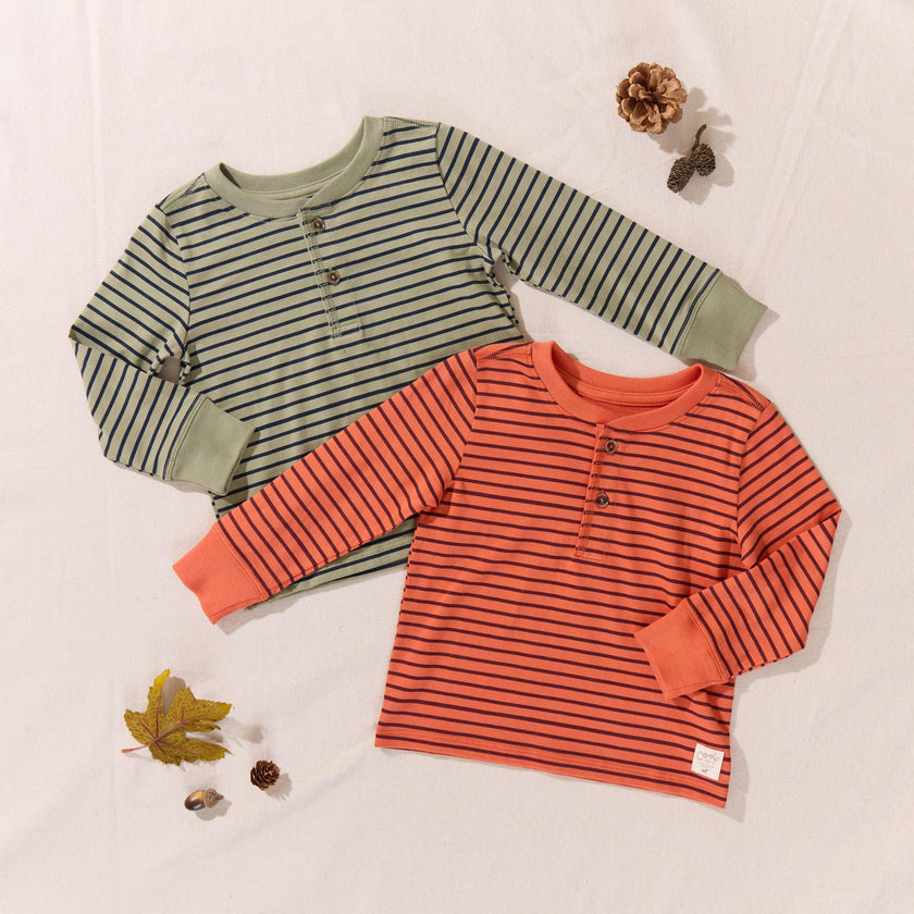 Scout Long Sleeve Henley T-Shirt, Olive Green Mini Stripe