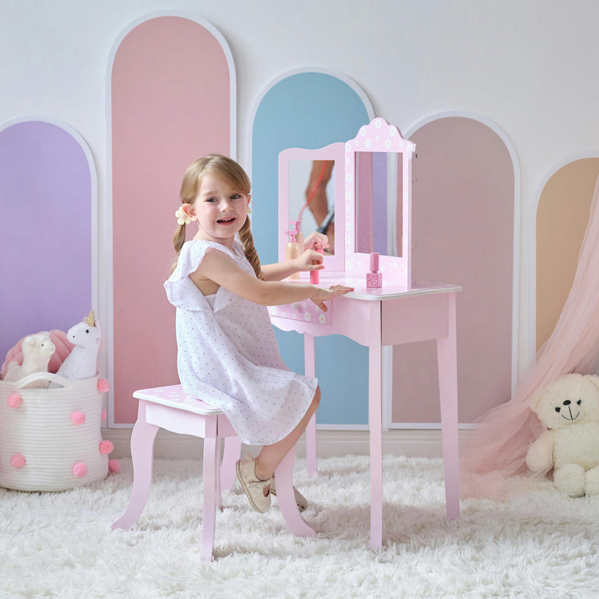 Daisy Gisele Wood Vanity with Tri-Fold Mirror and Drawer, Pink
