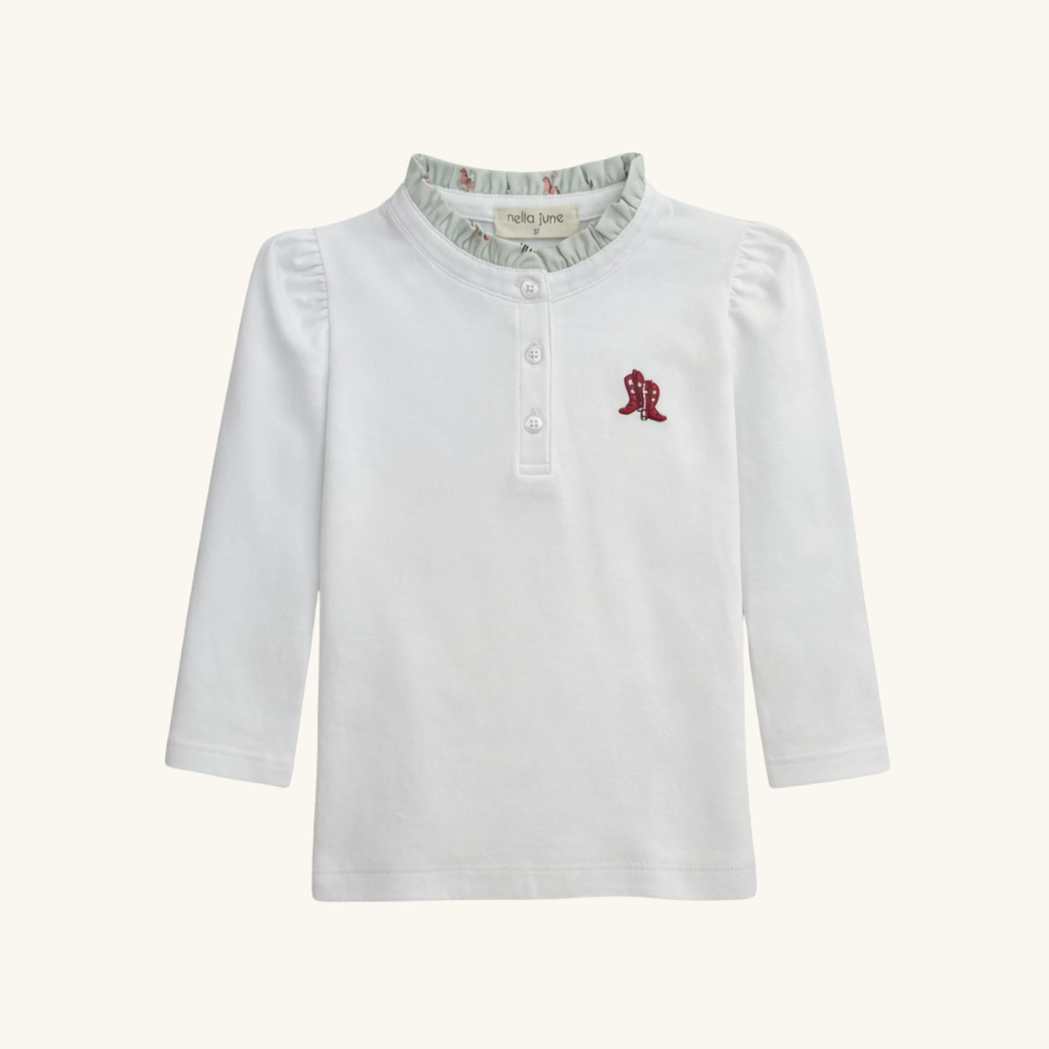 Ruffle Trim Long Sleeve Tee in White/Rodeo