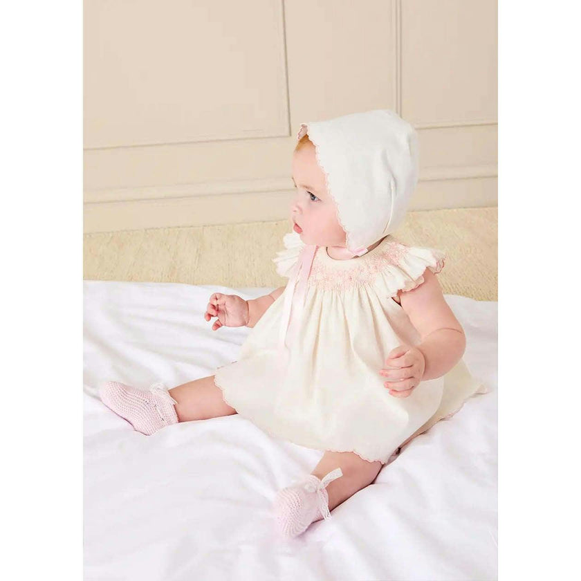 Linen Blend Hand Smocked Cap Sleeve Dress With Bloomers in White (1-6mths)