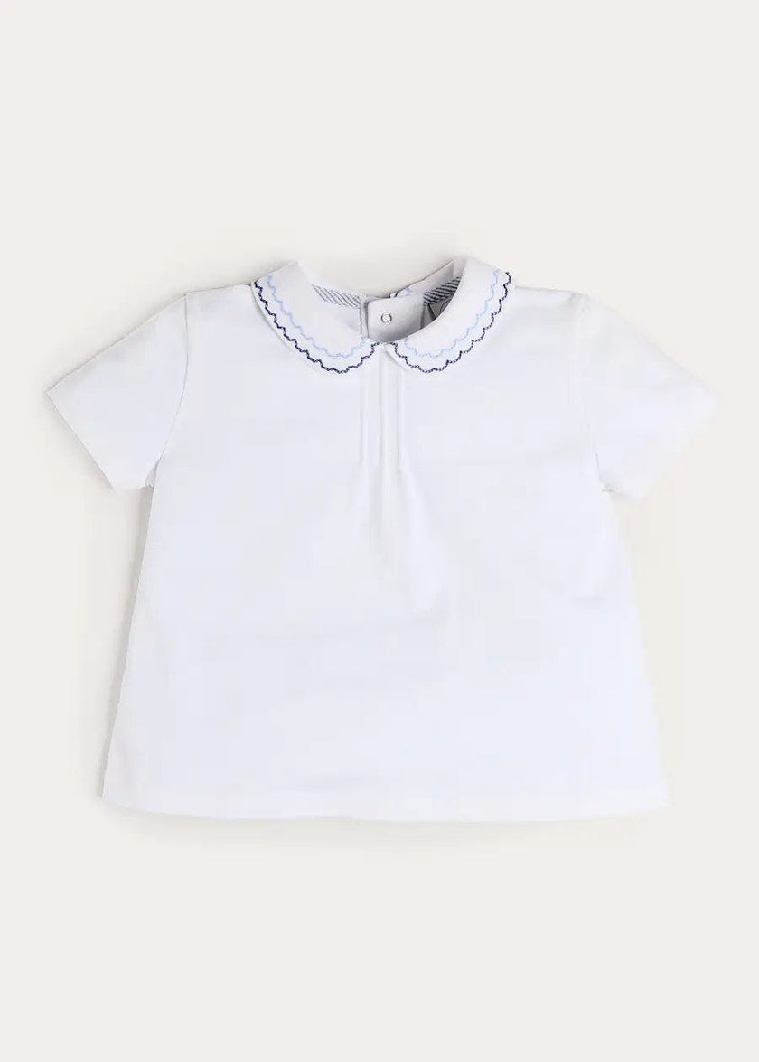Scallop Embroidered Peter Pan Collar Pleated Top in White (12mths-6yrs)