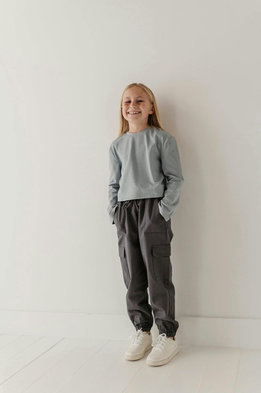 Girls Long Sleeve Shirring Tee in Grayish Blue