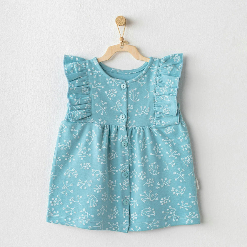 Blue Teal Floral Print Ruffle Dress