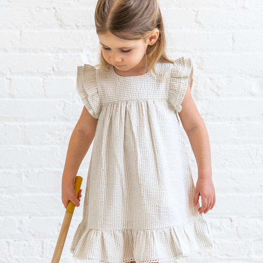 Lorena Seersucker Double Ruffle Sleeve Dress - Dune Stripe
