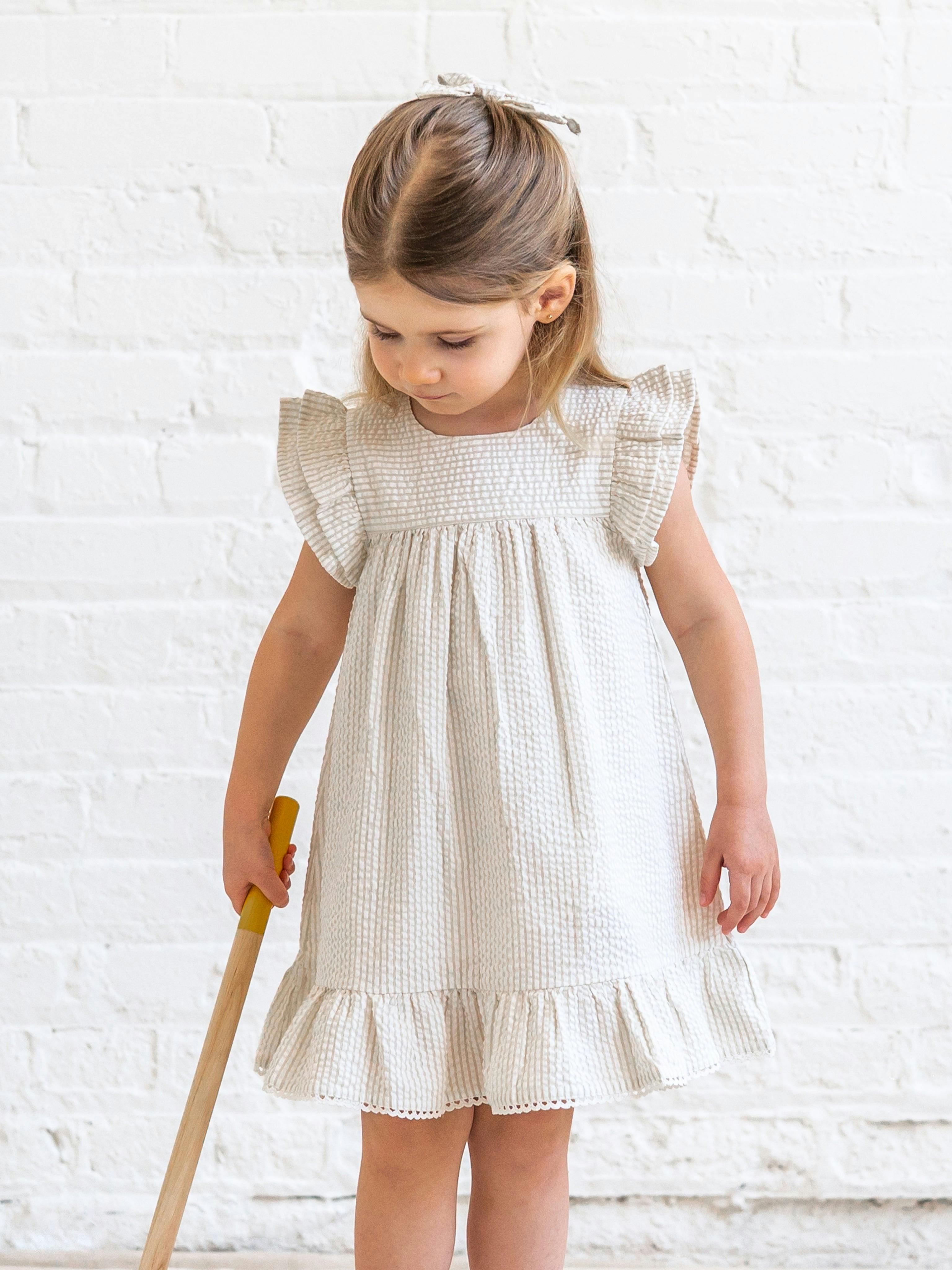 Lorena Seersucker Double Ruffle Sleeve Dress - Dune Stripe