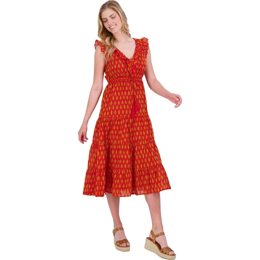 Women's Giselle Ikat V-Neck Ruffle Sleeve Maxi Dress, Red