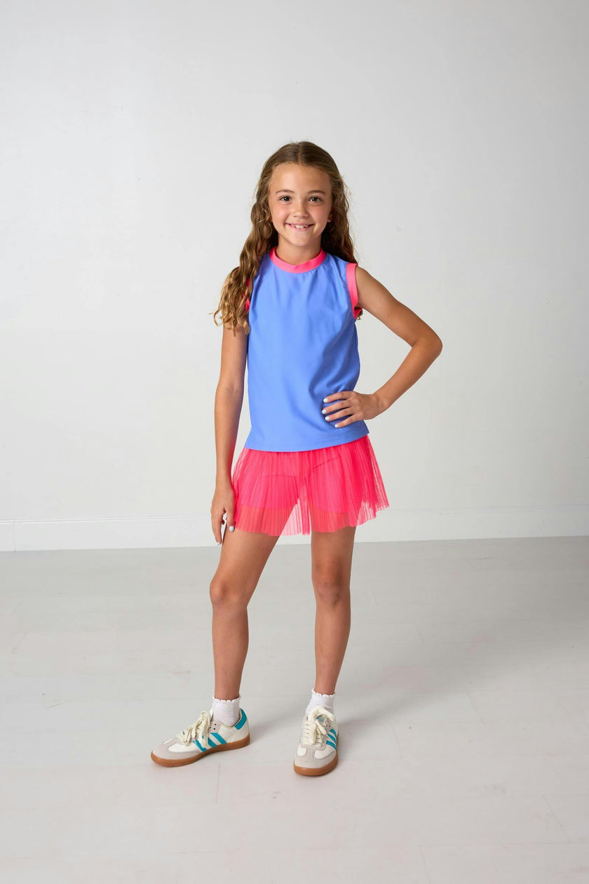 sky blue/neon pink muscle tank