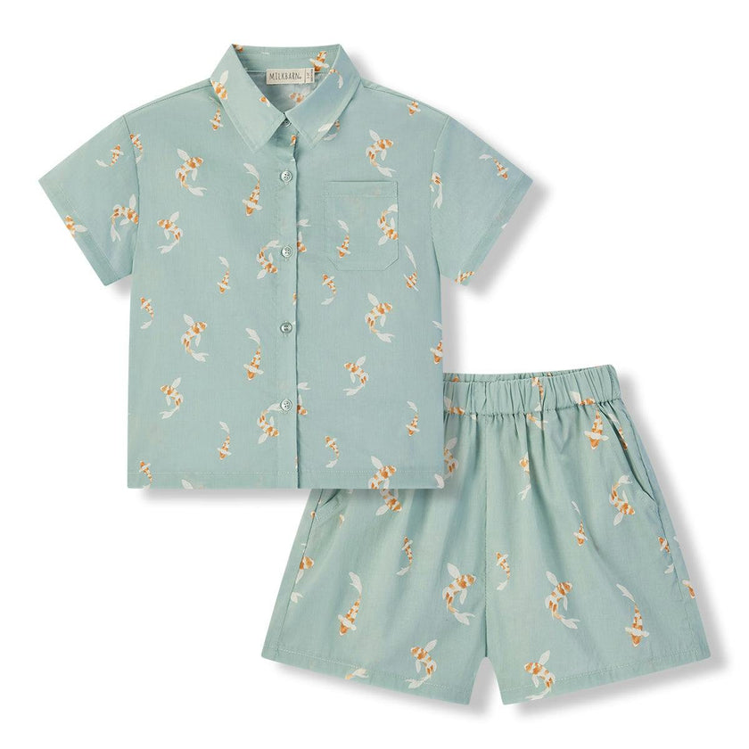 Swimming Koi Collar Button-Up Shirt & Shorts Set
