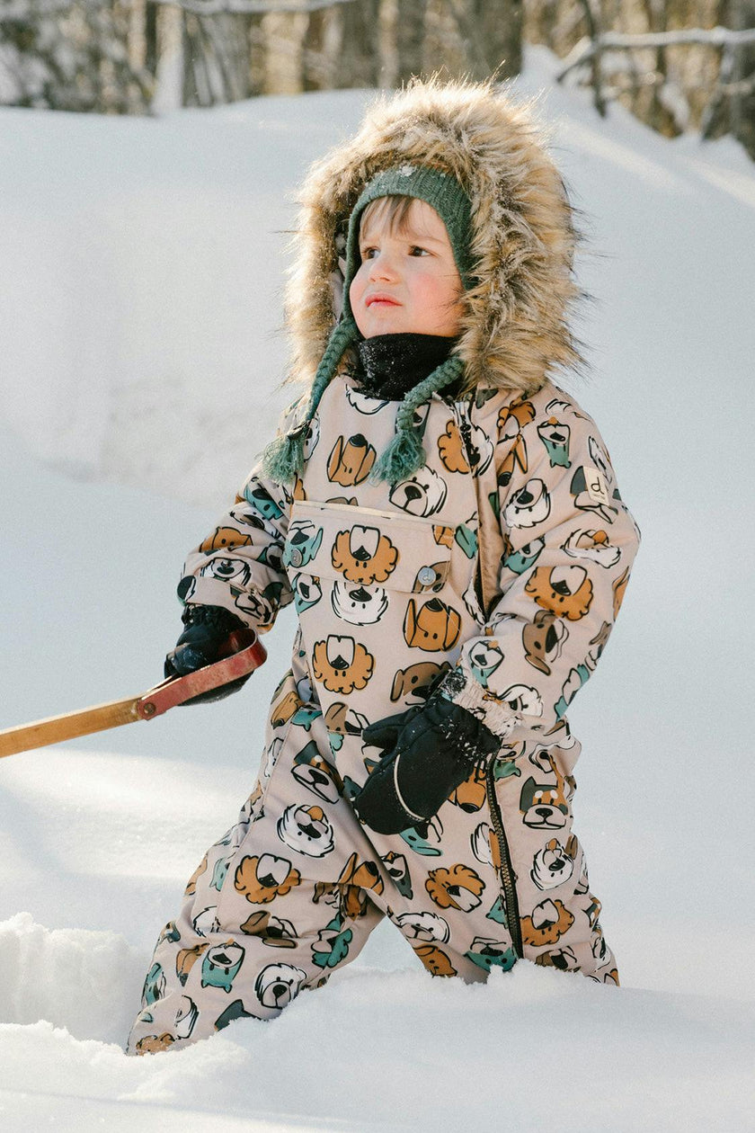 Baby One Piece Snowsuit Adapted For Car Seats Beige Dog Print