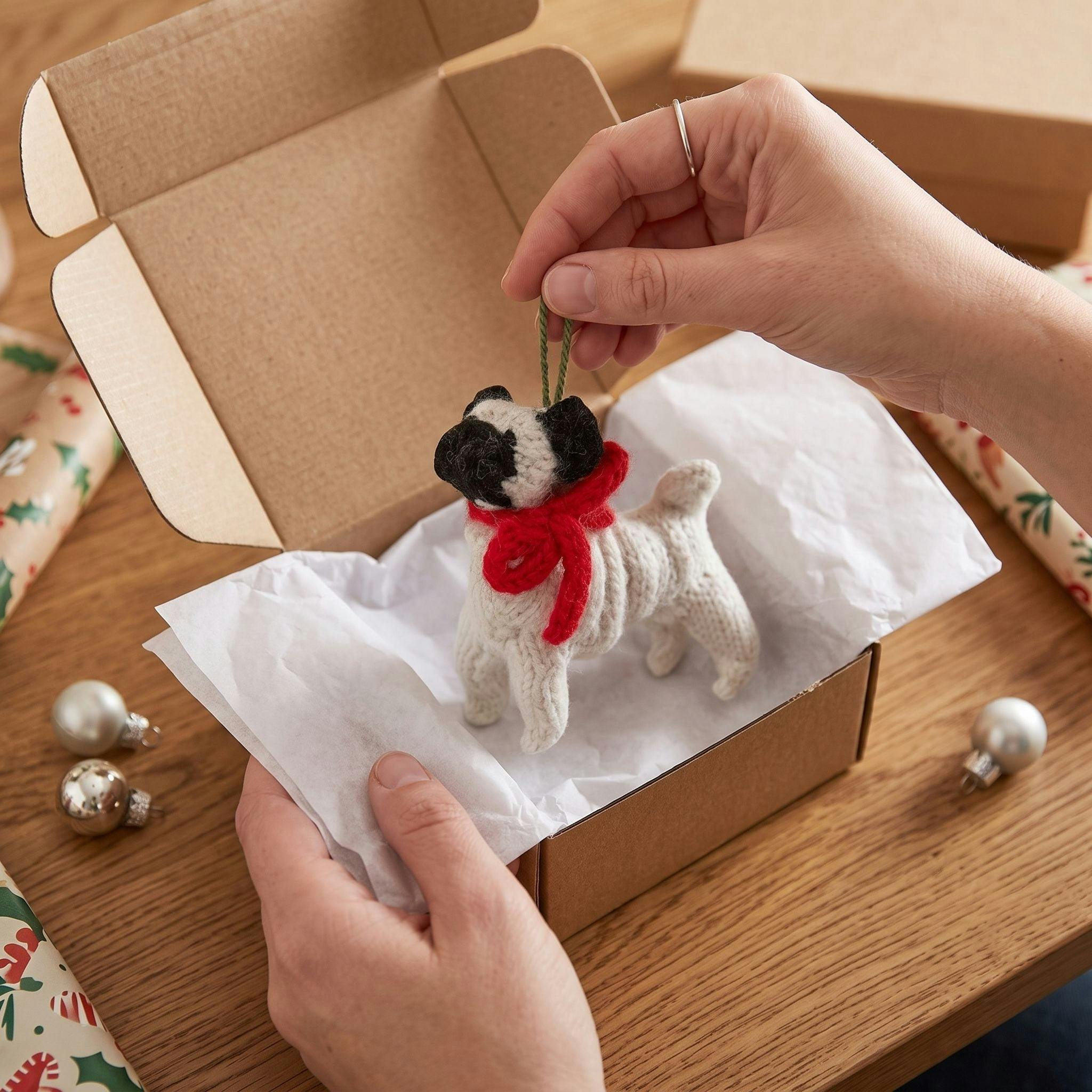 Pug Dog Hand Knit Christmas Ornament