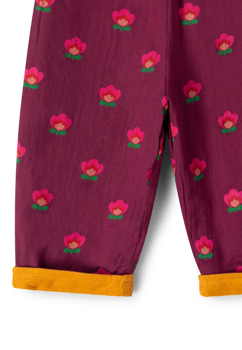 Pink Flowers Reversible Pull On Trousers, Purple