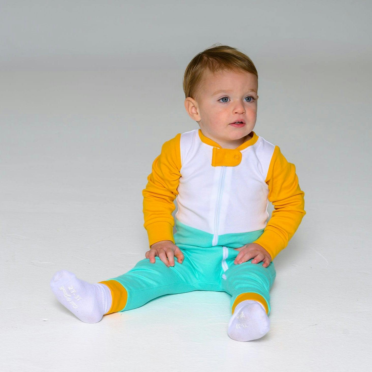 Long Sleeve Sunny Teal Zip Romper