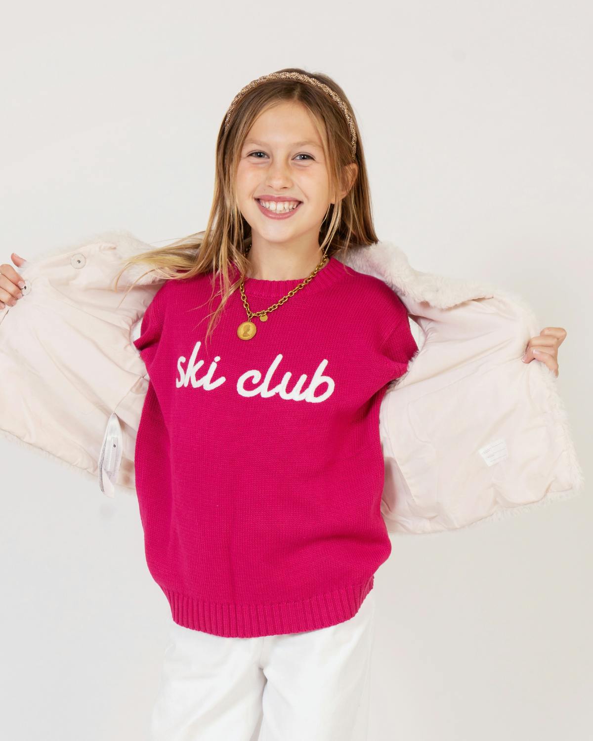 Kids Ski Club Sweater in Hot Pink