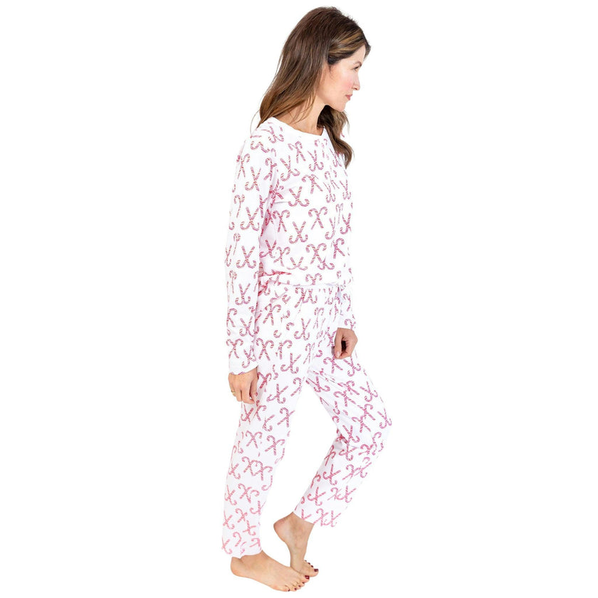 Women's Candy Cane Long PJ Set - Red White Organic Stretch Jersey Knit Cotton