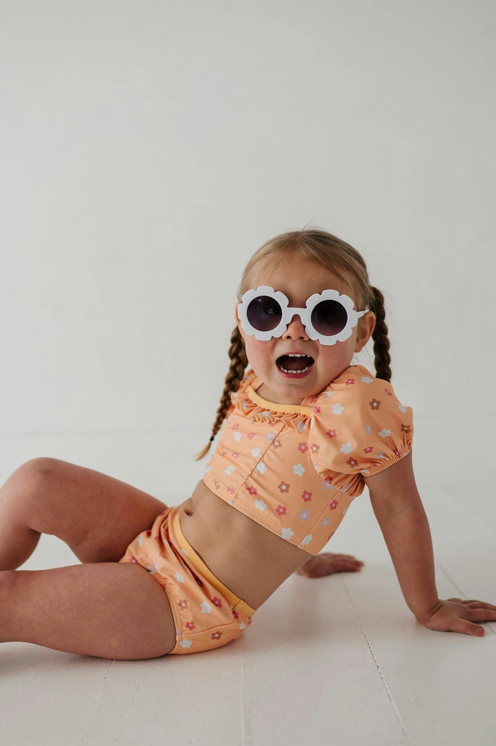 Girls Puff Sleeve Two-Piece Swimsuit in Desert Mist Blooms