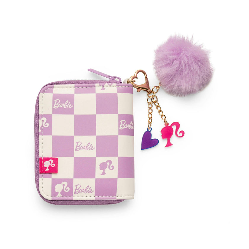 Barbie™ Purple Checkered Kids Zip Wallet with Pom Charm