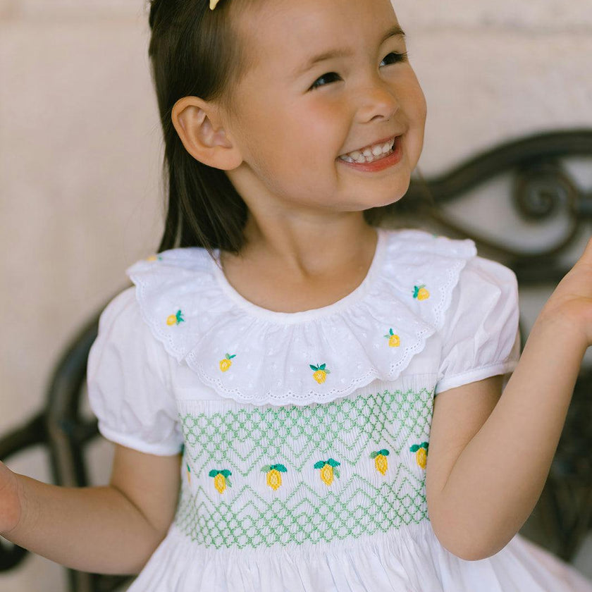 Victoria White Smocked Dress with Hand-Embroidered Lemons