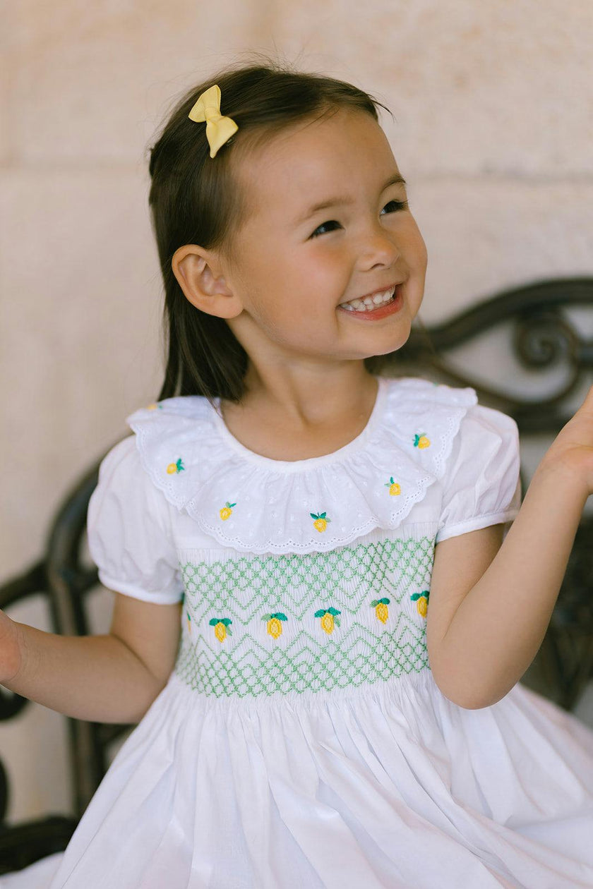 Victoria White Smocked Dress with Hand-Embroidered Lemons