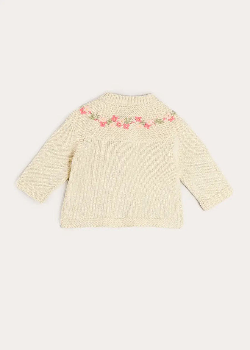 Wildflower Embroidered Two Button Cotton Newborn Cardigan in Cream (1-9mths)