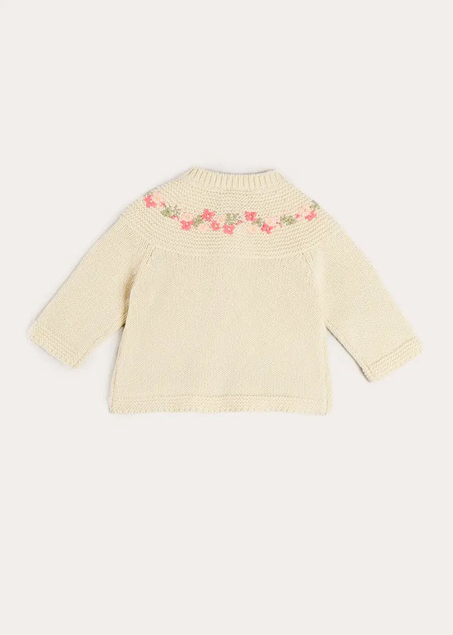 Wildflower Embroidered Two Button Cotton Newborn Cardigan in Cream (1-9mths)