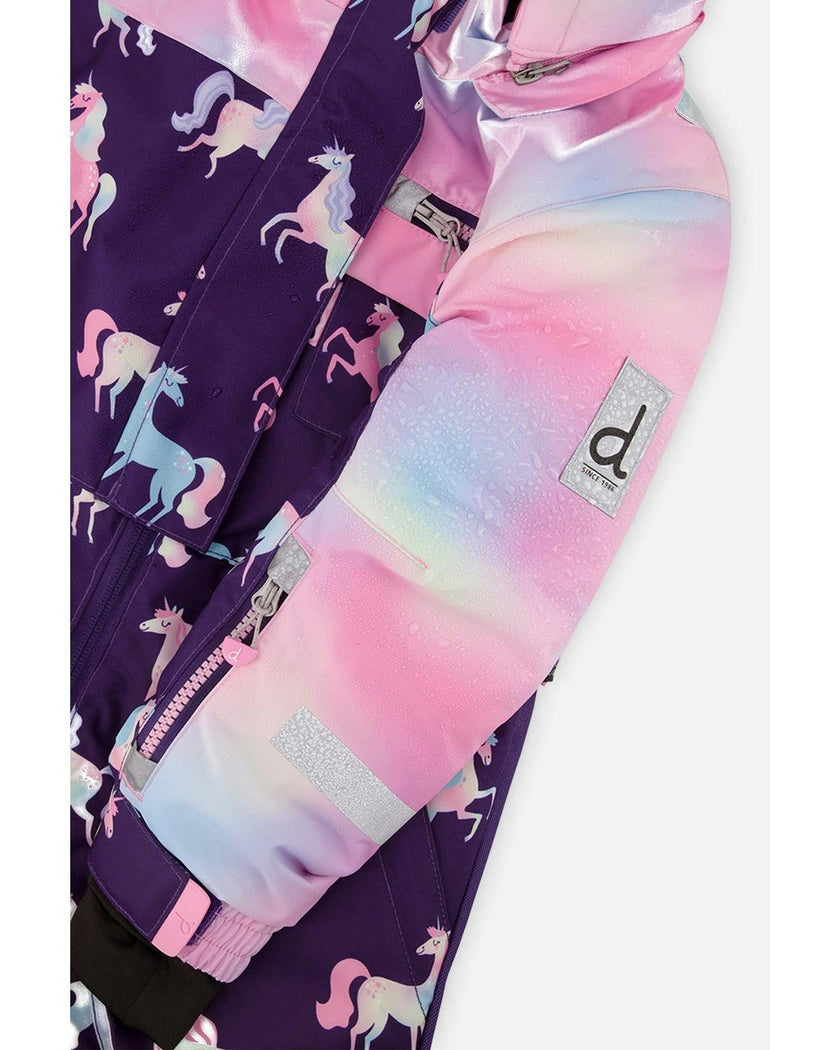 Kids One Piece Play Snowsuit Purple Unicorn Print