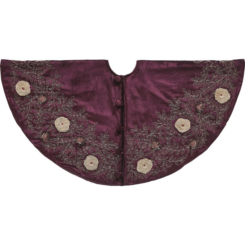 Hand Beaded Velvet Floral WIne Christmas Tree Skirt 60"