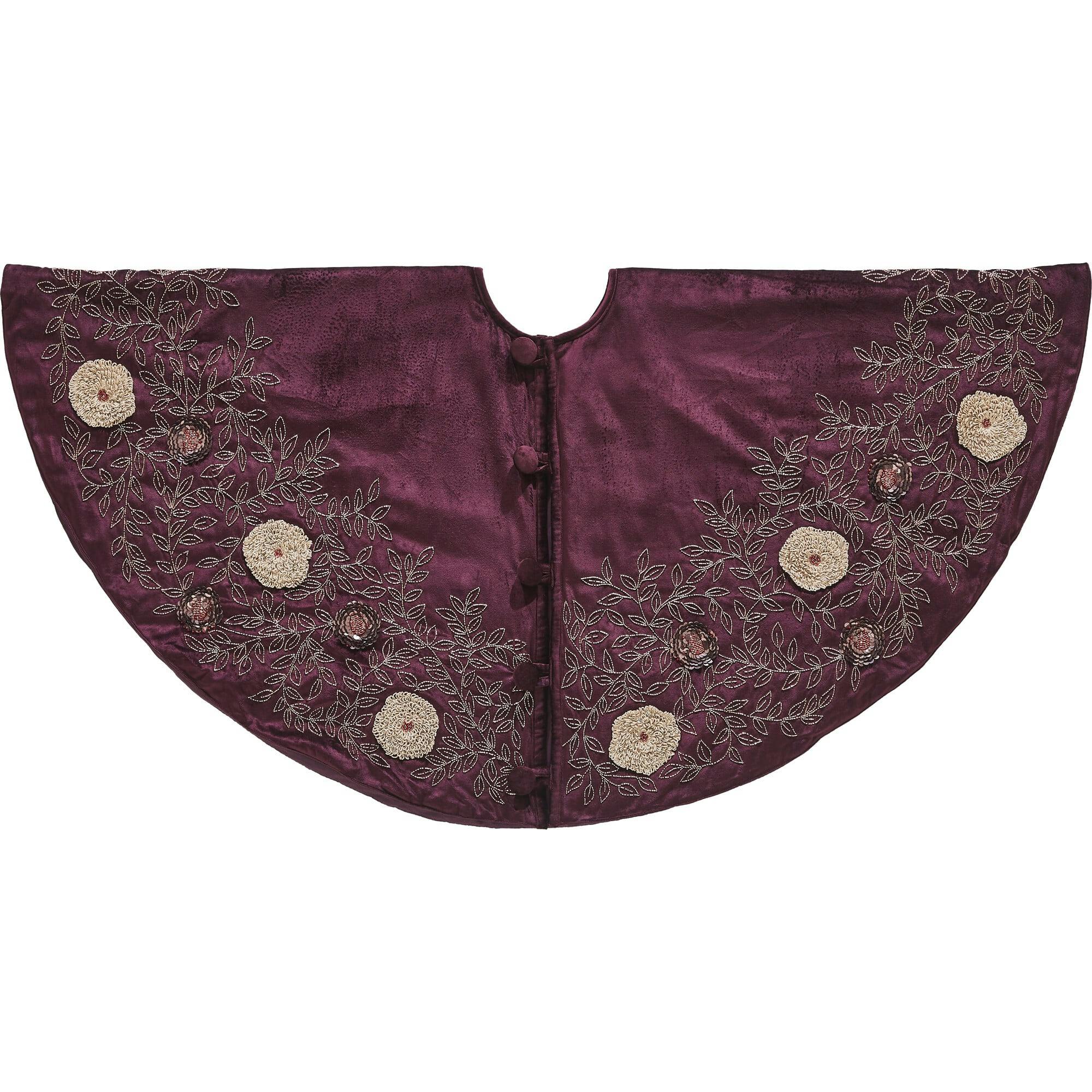 Hand Beaded Velvet Floral WIne Christmas Tree Skirt 60