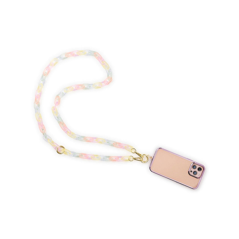 Packed Party Link Up Frosted Pastel Rainbow Phone Chain - 26-Inch Multicolor Plastic Link Chain with Gold Clips and Keyring Clasp for Phone Cases and Pouches