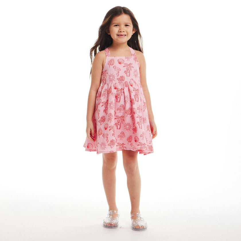 Kids Pink Tropical Icon Printed Gauze Dress