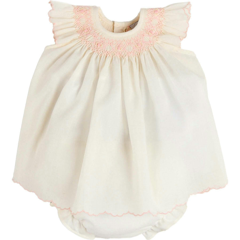 Linen Blend Hand Smocked Cap Sleeve Dress With Bloomers in White (1-6mths)