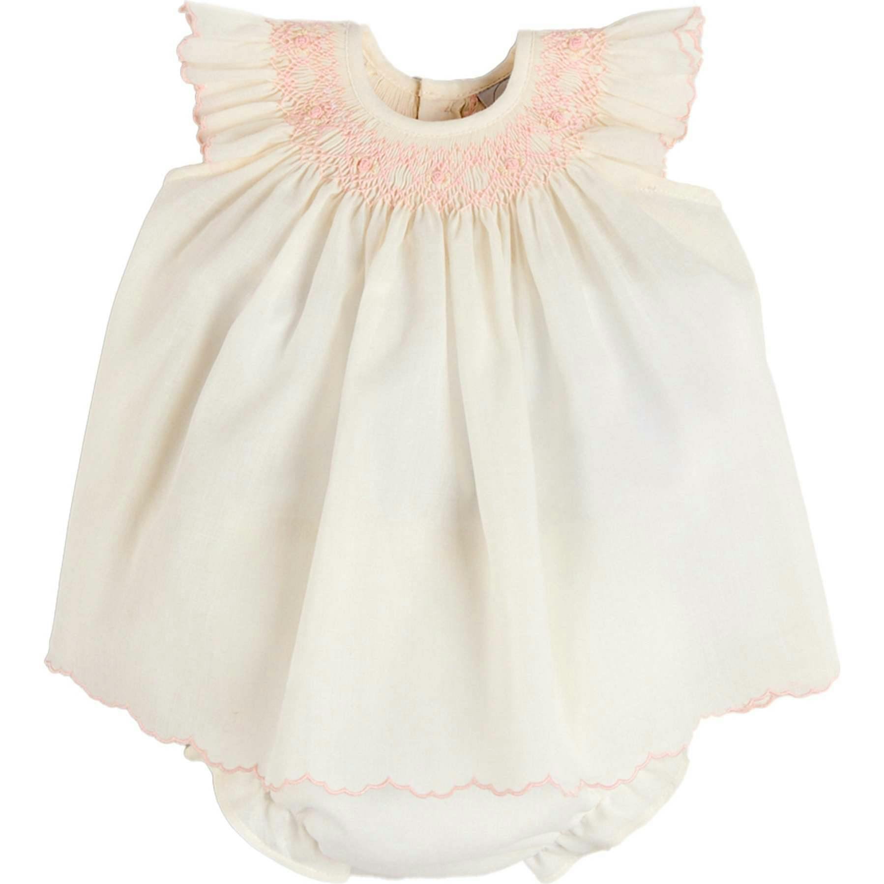 Linen Blend Hand Smocked Cap Sleeve Dress With Bloomers in White (1-6mths)