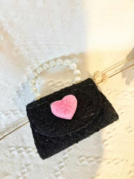 Tweed Luxe Fur Heart Purse - Black
